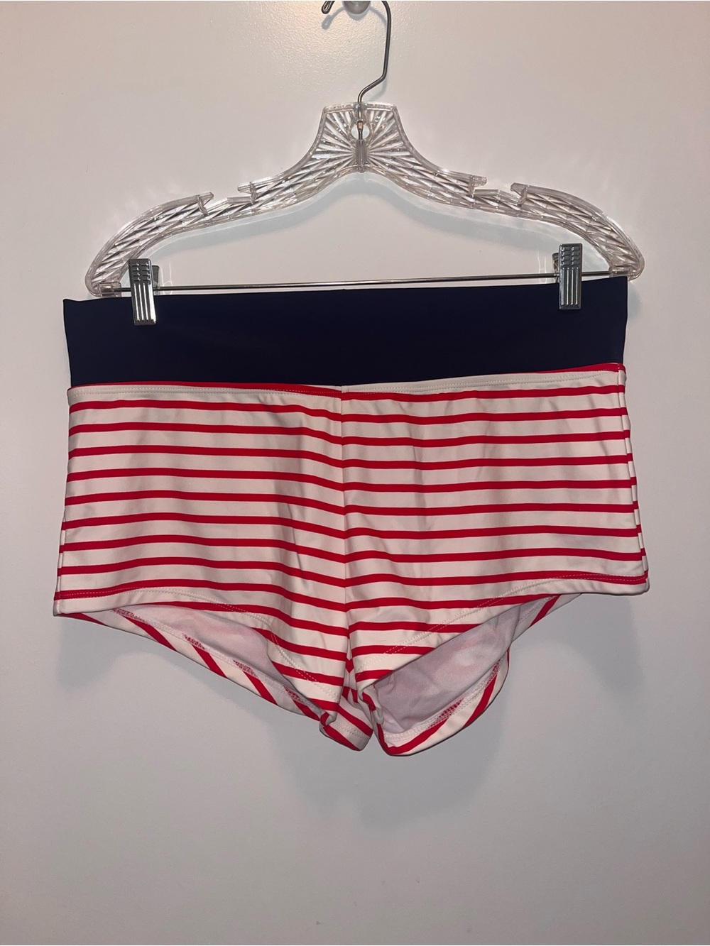U.S. Polo Assn. Red and White Striped High-Waist Bike Shorts with Navy Waistband